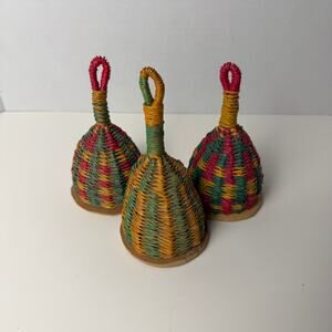 Set of 3 African Woven Basket Rattles Shakers Ghana Bolga Handcrafted Music